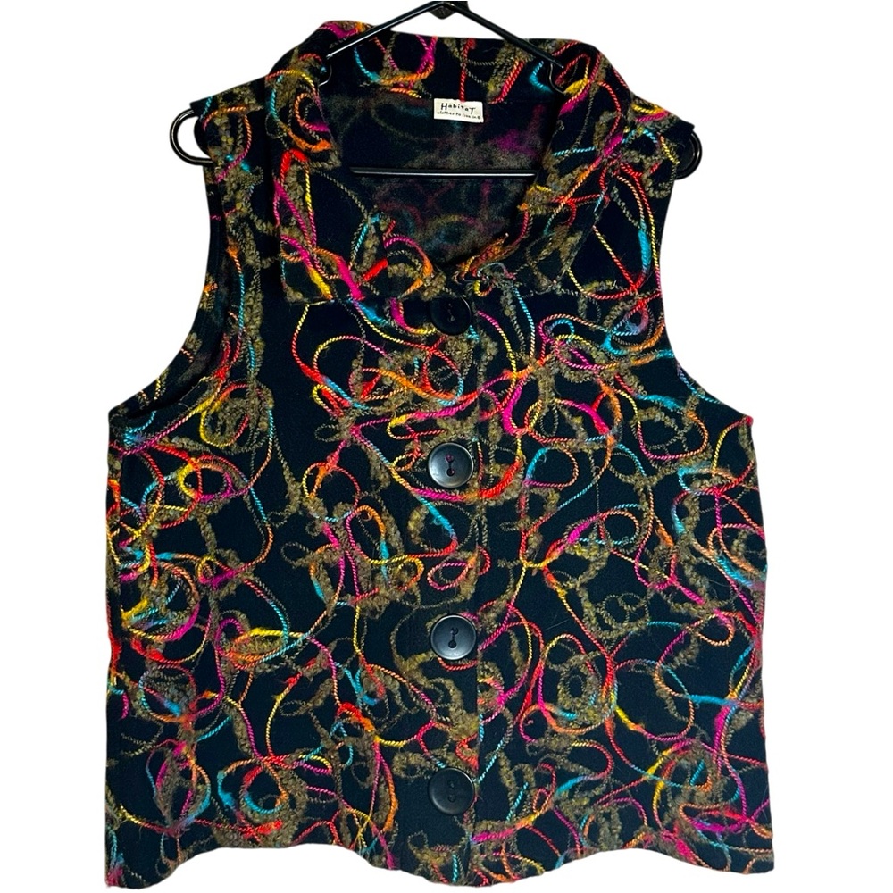 Habitat Artsy Embroidered Thread Abstract Button Front Vest Small Boho Funky